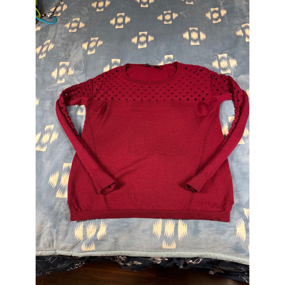 The Kooples Burgundy Eyelet Knit Crew Neck Sweater Size 1 Womens Long Sleeve